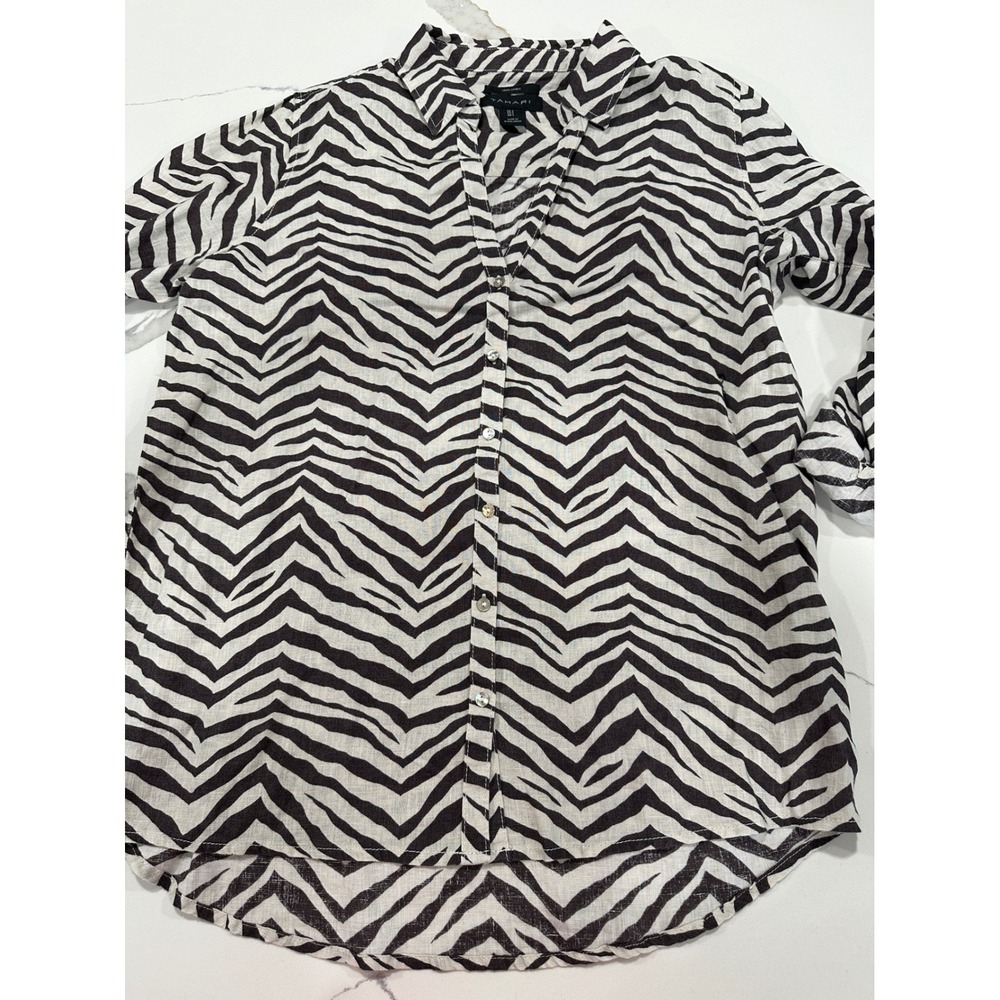 Tahari 100% Linen Zebra Print Button Down Shirt Women Large Brown White